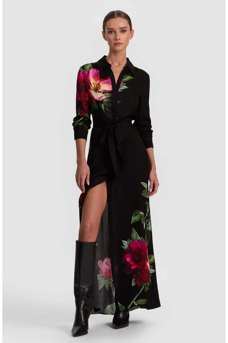 Alice + Olivia Chassidy Empress Bloom Black Maxi Shirt Dress XS NWT $595